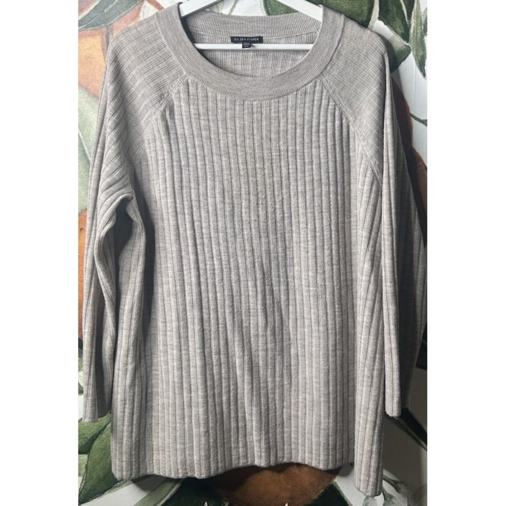 Eileen Fisher Medium Ribbed Heather Oat Extra Fine Merino‎ Wool Boxy Fit Sweater